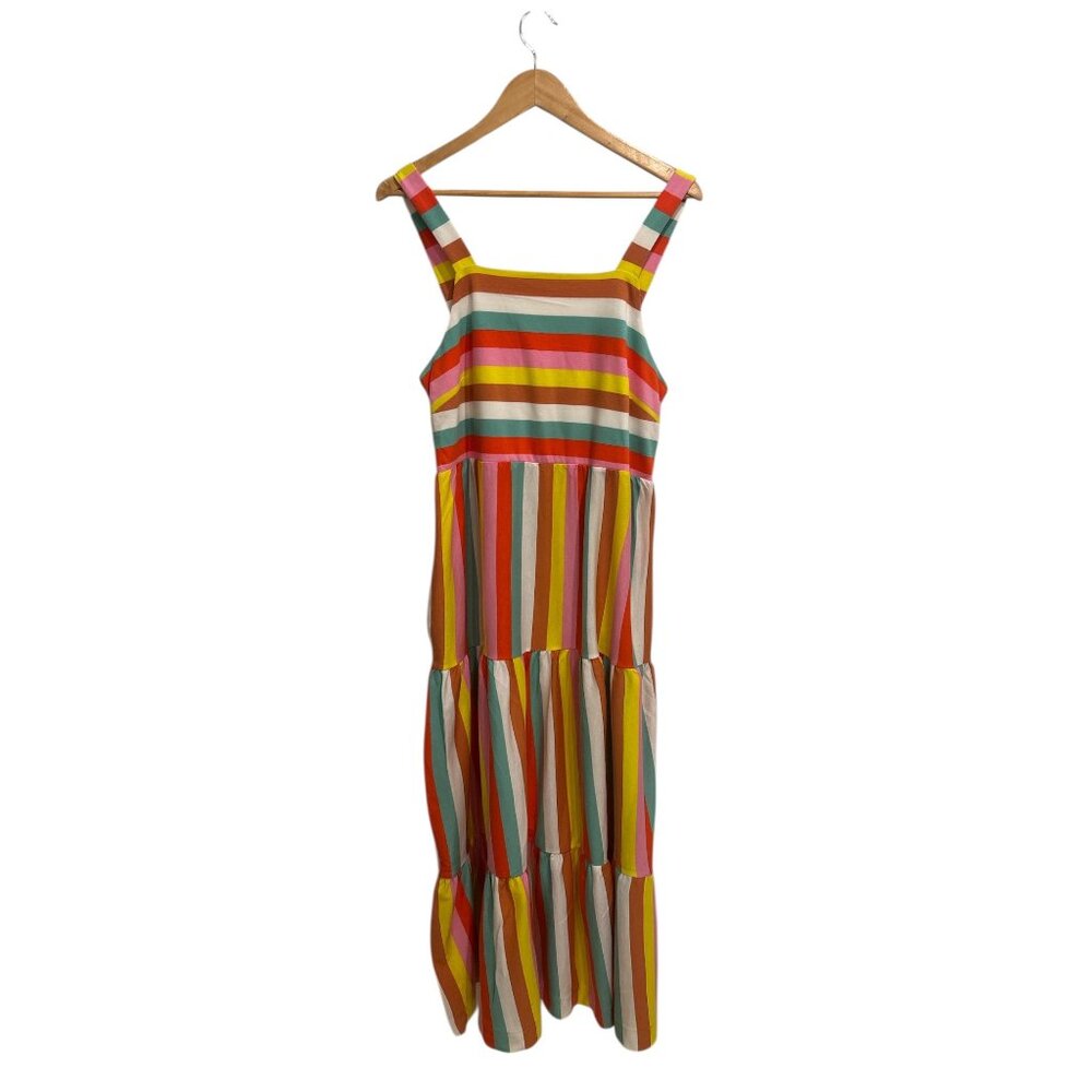 J.Crew Rainbow Stripe Maxi Dress M Cotton Tiered Resort Beach 53” - Picture 2 of 8